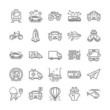 Taşıma hattı simgeleri. Taksi, Helikopter ve Tren seti. Vektör