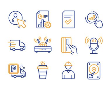Wifi, Kamyon park ve Kullanıcı simgeleri ayarlayın. Denetlenen dosya, Grafik grafiği ve Rapor işaretleri. Vektör