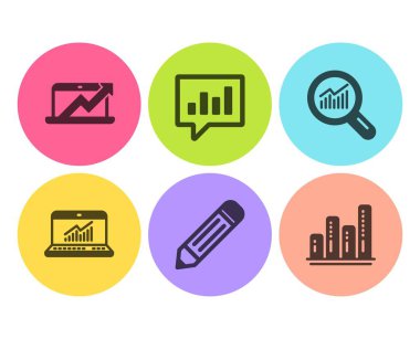 Kalem, Analitik sohbet ve Veri analizi simgeleri ayarlayın. Çevrimiçi istatistikler, Satış diyagramı ve Grafik grafik işaretleri. Vektör