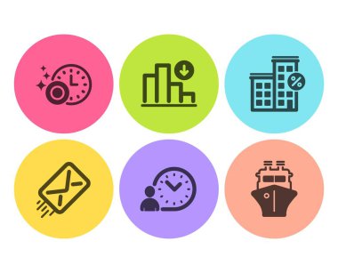 Azalan grafik, Loan house ve Bulaşık Makinesi zamanlayıcı simgeleri ayarlayın. E-posta, Zaman yönetimi ve Gemi işaretleri. Vektör