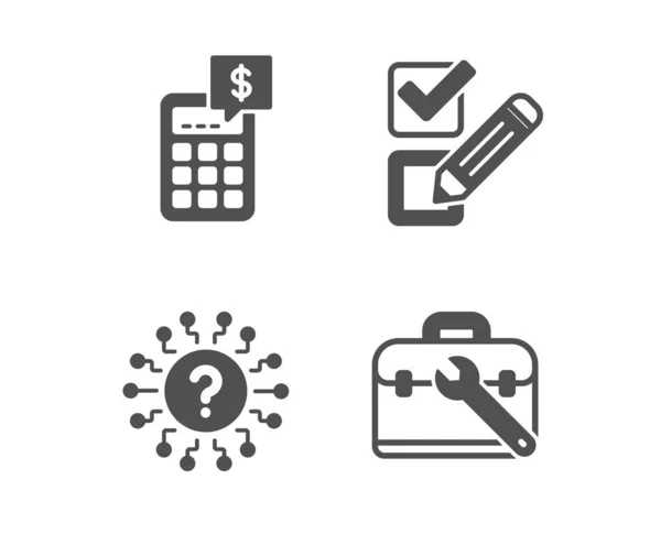 Kontrollkästchen, Taschenrechner und Fragezeichen-Symbole. Werkzeugkoffer-Zeichen. Umfrage, Geldmanagement, Quizchat. Vektor — Stockvektor