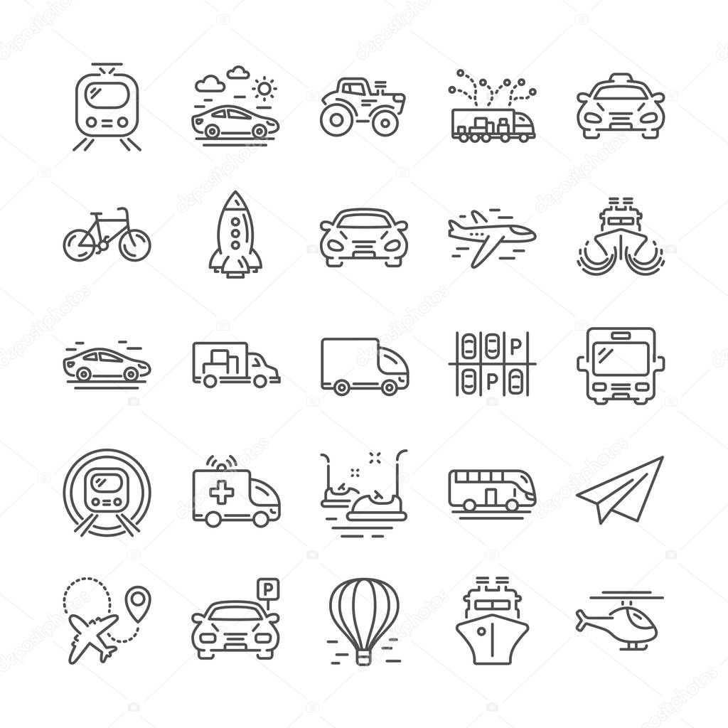 Transport line icons. Set of Taxi, Helicopter and Train. Vector