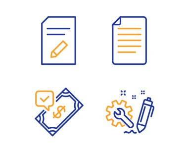 Belgeyi Düzenle, kabul edilen ödeme ve dosya simgeleri kümesi. Mühendislik tabelası. Vektör