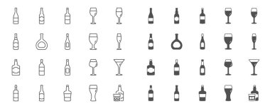 Şarap şişesi serisi simgeler. Craft bira seti, Viski ve Şarap bardakları. Vektör