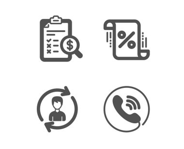 Muhasebe raporu, İnsan kaynakları ve Kredi yüzdesi simgeleri. Çağrı merkezi tabelası. Vektör