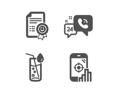 Smile, 24 h hizmet ve Su cam simgeleri. Seo telefon işareti. Sertifika, Çağrı desteği, Soda içeceği. Arama motoru. Vektör