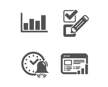 Alarm zili, onay kutusu ve rapor diyagramı simgeleri. Web raporu işareti. Zaman, anket seçimi, finansal piyasa. Vektör