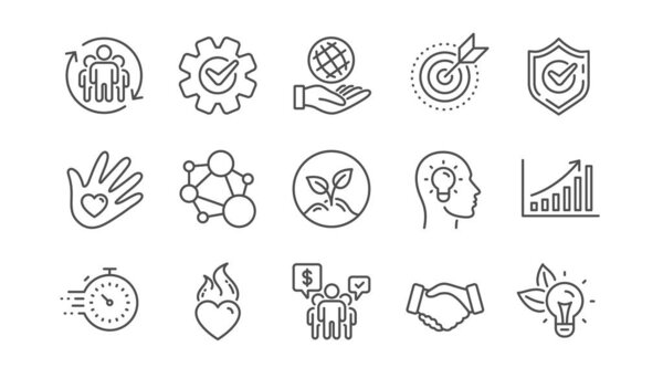 Core values line icons. Integrity, Target purpose and Strategy. Trust handshake, goal. Linear set. Vector