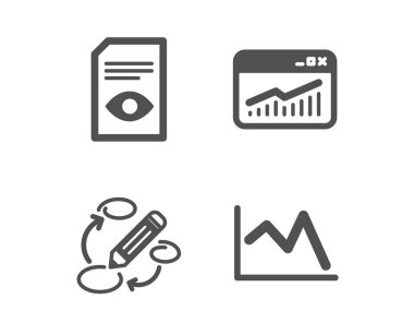 Anahtar Kelimeler, Web Sitesi istatistikleri ve Belge simgelerini görüntüleyin. Çizgi grafik işareti. Vektör