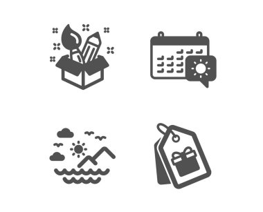 Yaratıcılık, Seyahat takvimi ve Deniz dağları simgeleri. Kuponlar işareti. Tasarım fikri, Gezi planlama, Yaz seyahati. Vektör