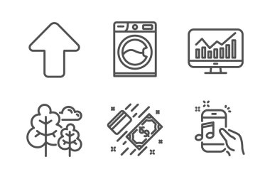 Upload, Çamaşır makinesi ve Ağaç simgeleri ayarlayın. Ödeme, İstatistik ve Müzik telefon işaretleri. Vektör
