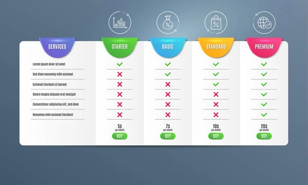 Diagrammgrafik, Einkaufstasche und Leihsymbole gesetzt. Zeichen der Weltstatistik. Vektor — Stockvektor