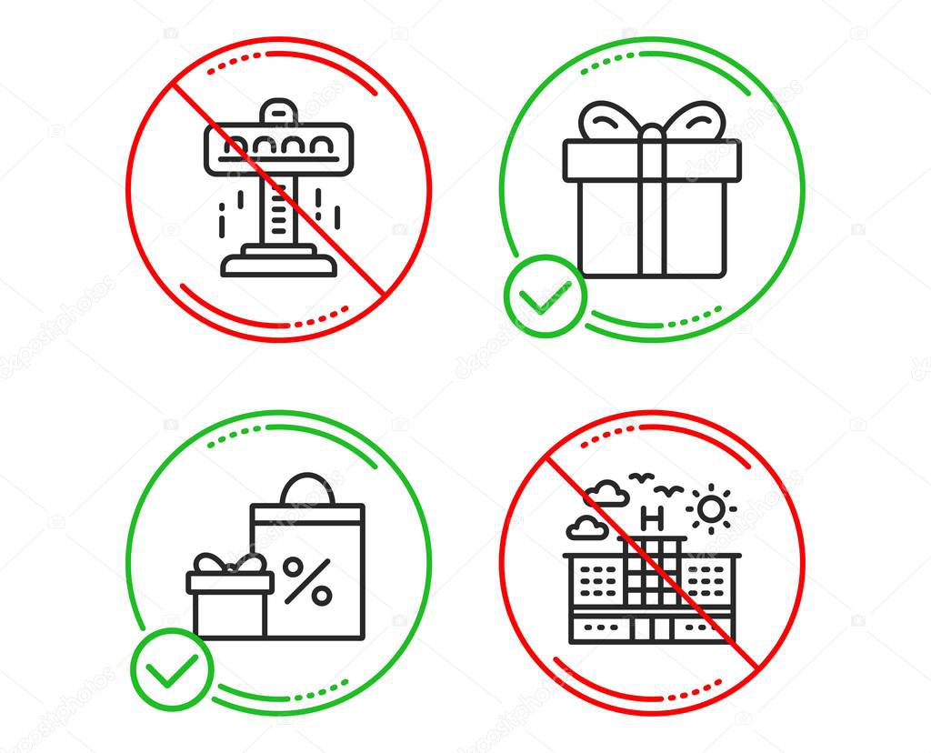 Attraction, Gift box and Shopping icons set. Hotel sign. Free fall, Present package, Gifts and sales. Travel. Vector