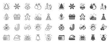 Noel çizgisi simgeleri. Noel Baba şapkası, Gingerbread man ve Hediye kutusu seti. Vektör