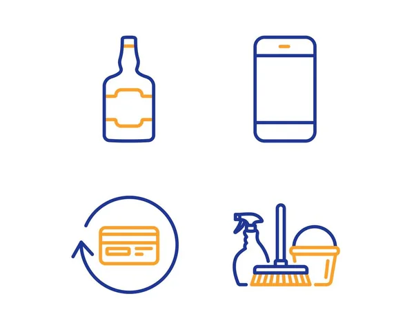 Smartphone, restitutie Commissie en whiskey fles icons set. Huishoudelijke dienst ondertekenen. Vector — Stockvector