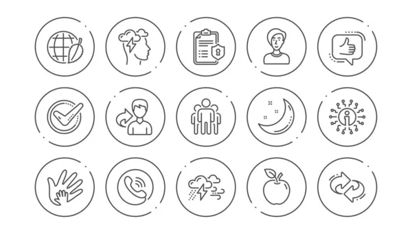 Vinkje, delen economie en Mindfulness stress lijn iconen. Privacybeleid. Lineaire icon set. Vector — Stockvector