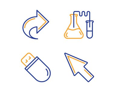 Kimya laboratuvarı, Paylaş ve Usb stick simgeleri ayarlayın. Fare imleci işareti. Tıbbi laboratuvar, Link, Bellek flaşı. Vektör