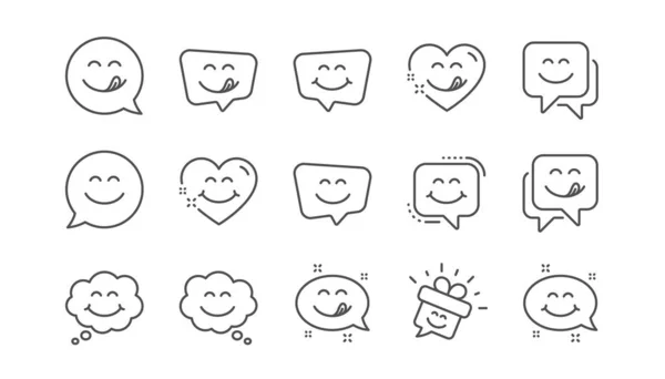 Deliciosos iconos de línea de sonrisa. Emoticon con lengua lamer la boca. Sonríe burbuja del habla. Conjunto lineal. Vector — Vector de stock