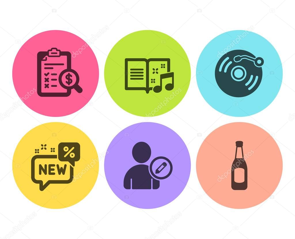New, Accounting report and Vinyl record icons set. Edit user, Music book and Beer signs. Vector