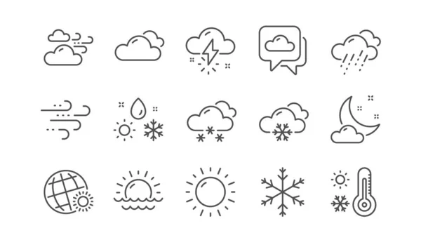 Weer en prognose lijn iconen. Bewolkt lucht, winter sneeuwvlok en thermometer. Lineaire set. Vector — Stockvector