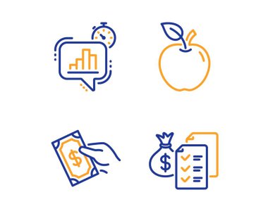 Apple, İstatistik zamanlayıcı ve Ödeme para simgeleri ayarlayın. Muhasebe servet işareti. Meyve, Büyüme grafiği, Nakit tutun. Vektör