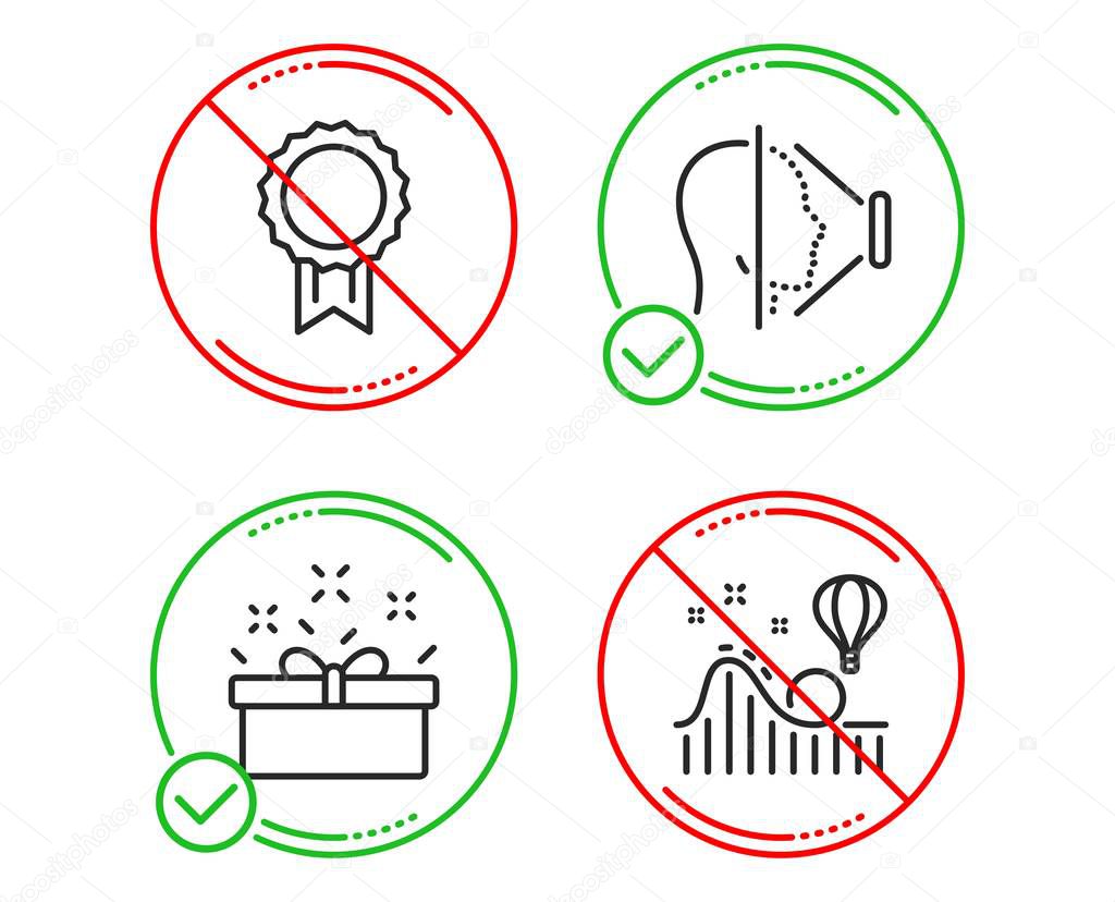 Present box, Face id and Reward icons set. Roller coaster sign. Sale offer, Phone scanning, Best medal. Vector