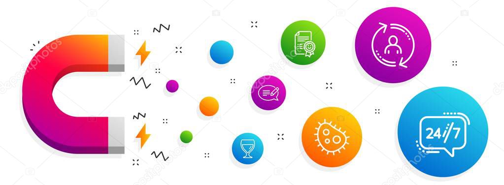 User info, Message and Smile icons set. Bacteria, Wine glass and 24/7 service signs. Vector