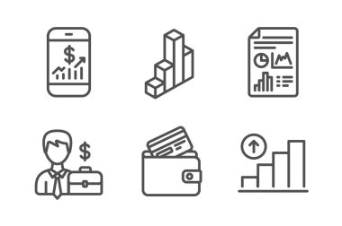 İşadamı durumda, Banka kartı ve 3d grafik simgeleri ayarlayın. Mobil finans, Rapor belgesi ve Grafik grafik işaretleri. Vektör