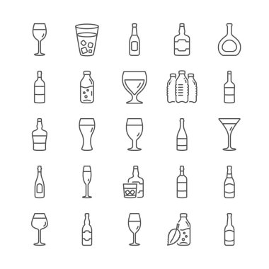 Şarap şişesi serisi simgeler. Craft bira seti, Viski ve Şarap bardakları. Vektör