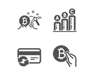 Kartı, Bitcoin madenciliğini ve Grafik grafik simgelerini değiştirin. Bitcoin ödeme işareti. Vektör