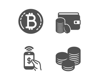 Bitcoin, telefon ödeme ve ödeme yöntemi simgeleri. İpuçları işareti. Cryptocurrency sikke, mobil ödeme, paralar ile cüzdan. Vektör