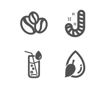 Şeker, su cam ve kahve-Berry fasulye simgeleri. Su damlası işareti. Lollypop, soda içkisi, kahve fasulyesi. Vektör