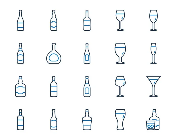 Iconos de línea de botella de vino. Set de vasos de cerveza artesanal, whisky y vino. Vector — Archivo Imágenes Vectoriales
