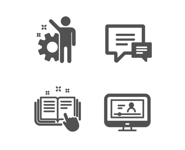 Technical documentation, Employee and Comment icons. Online video sign. Manual, Cogwheel, Talk bubbles. Vector