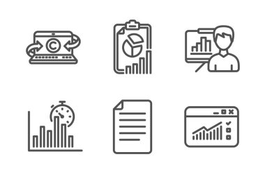 Dosya, Rapor ve Copywriting not defteri simgeleri ayarlayın. Rapor zamanlayıcısı, Sunum panosu ve Web trafik işaretleri. Vektör