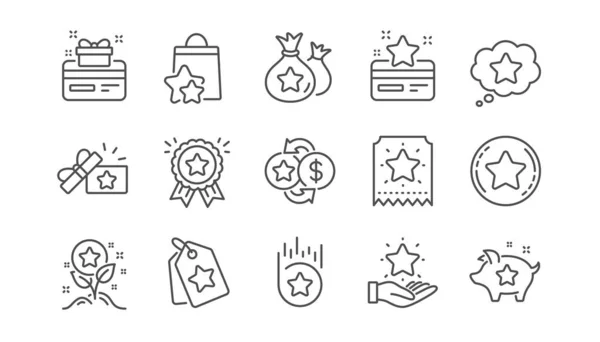 Iconos de línea del programa de lealtad. Tarjeta de bonificación, Canjear regalo y cupón de descuento. Conjunto lineal. Vector — Vector de stock