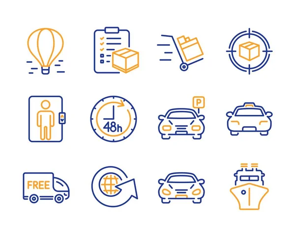 Parcel tracking, Elevator and Parcel checklist icons set. Car, 48 hours and Taxi signs. Vector