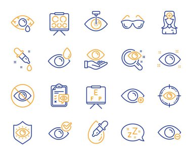 Optometri, Göz doktoru çizgi simgeleri. Tıbbi lazer göz cerrahisi, gözlük ve gözlük. Vektör