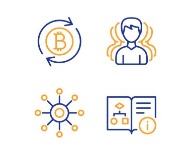 Grup, Bitcoin ve Çok Kanallı simgeleri ayarlayın. Teknik algoritma işareti. Vektör