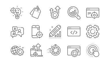 Seo satır simgeleri. Web sitesi istatistikleri, Hedef ve Artış satış. Doğrusal ayar. Vektör