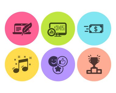 Rapor istatistikleri, Para transferi ve Telif Hakkı dizüstü bilgisayar simgeleri ayarlayın. Müzik notası ve Winner podyum tabelaları gibi. Vektör