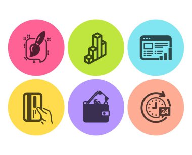 Wallet, Web raporu ve 3B grafik simgeleri ayarlanır. Ödeme kartı, boyama fırçası ve 24 saat teslimat işaretleri. Vektör
