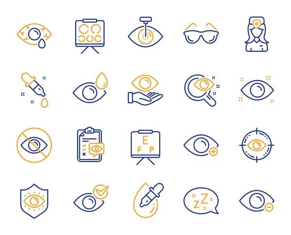 Optiker, ögonläkare linje ikoner. Medicinsk laser ögonkirurgi, Glasögon och Eyedropper. Vektor — Stock vektor