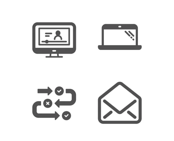 Laptop, Umfragefortschritte und Online-Video-Symbole. Postschild. Computer, Algorithmus, Videoprüfung. E-Mail. Vektor — Stockvektor