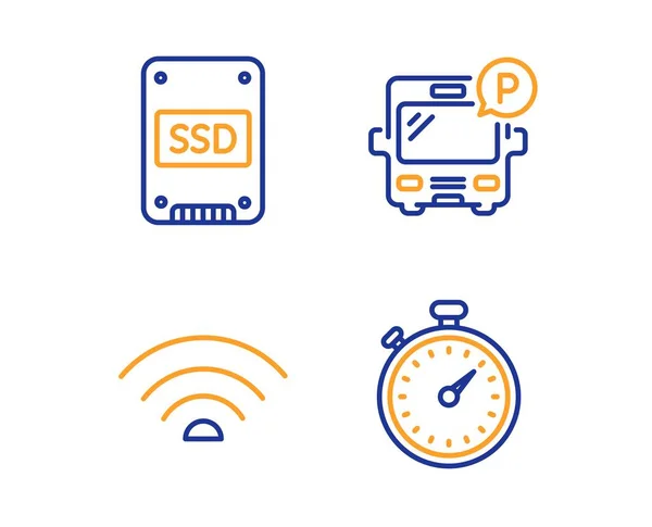 Wifi, parcheggio per autobus e set di icone Ssd. Segnale timer. Wi-fi internet, Parco pubblico, Solid-state drive. Vettore — Vettoriale Stock