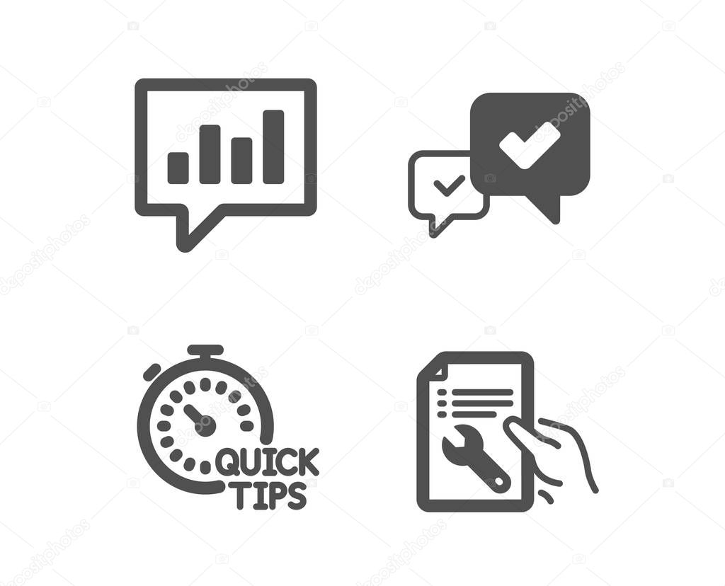 Quick tips, Approve and Analytical chat icons. Repair document sign. Vector