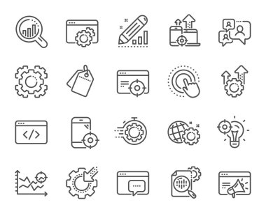 Seo satır simgeleri. Web sitesi istatistikleri, Hedef ve Artış satış. Vektör