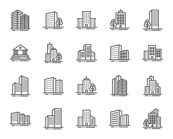 Iconos de línea de edificios. Banco, hotel, juzgado. Arquitectura de ciudad — Archivo Imágenes Vectoriales