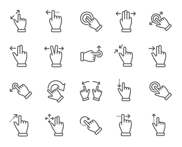 Icônes de ligne de geste d'écran tactile. Balayage de la main, geste de glissement, Multi — Image vectorielle