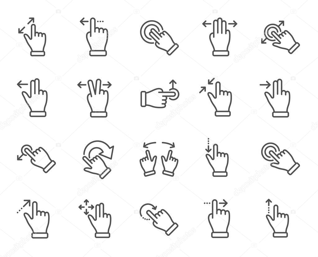 Touchscreen gesture line icons. Hand swipe, Slide gesture, Multi